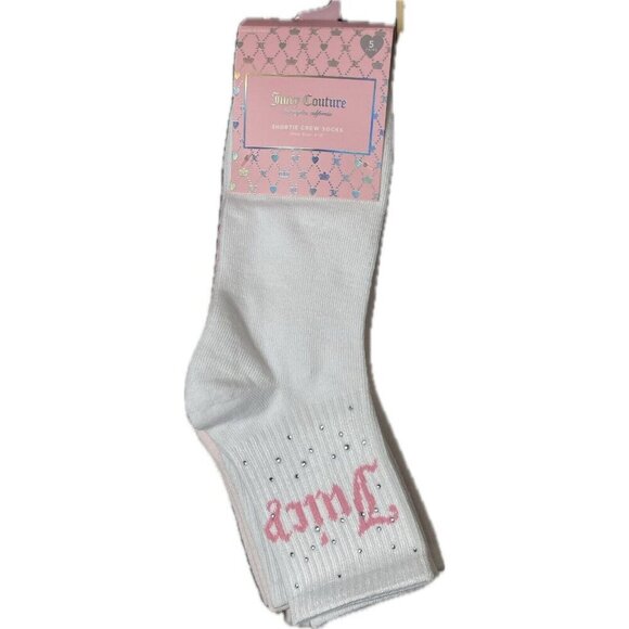 Juicy Couture White-Pink Crystal Accent Logo Name Size 4-10 Crew Socks-5 Pk - Picture 2 of 3